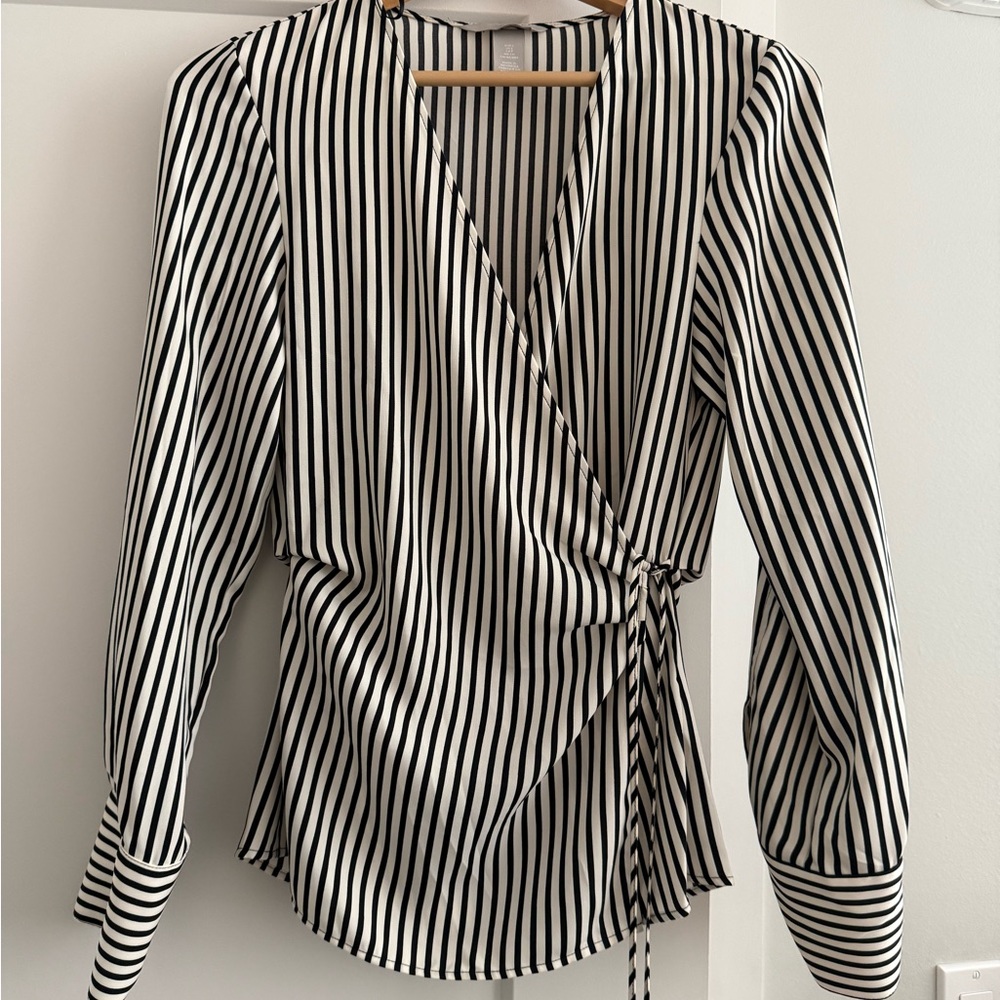 H&M Monochrome Striped Wrap Blouse